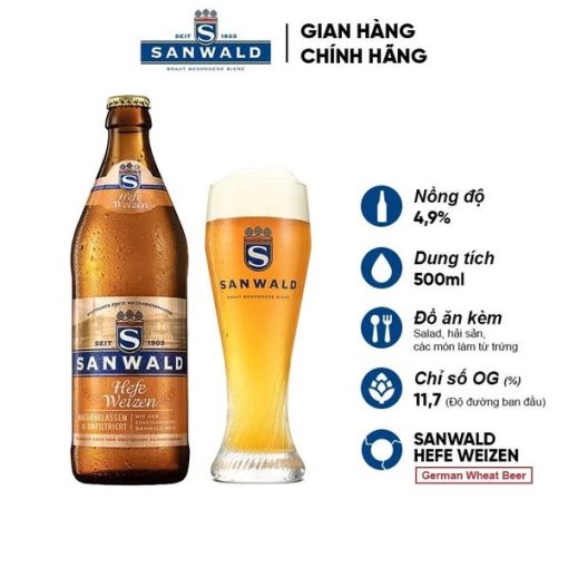Bia Sanwald Hefeweizen 4.9% – Thùng 20 chai 500ml (BBF: 09/09/25)